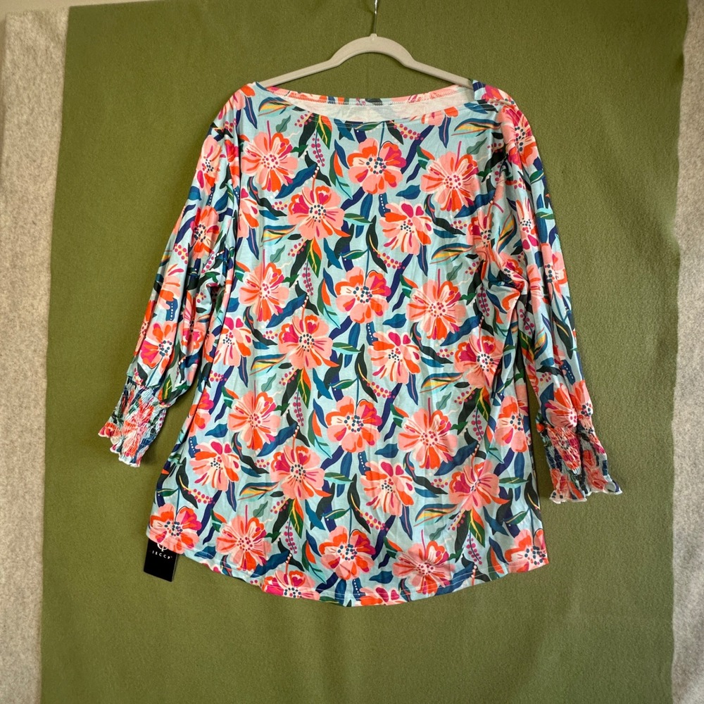 IECCP Women Floral Print Boat Neck Blouse Smocked Ruffle Cuff Top XXL NWT - Picture 6 of 6